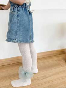 1入幼兒女童春秋新款純色蕾絲蝴蝶結針織網襪,可愛且適合日常穿著 - 白色 - 查看 1