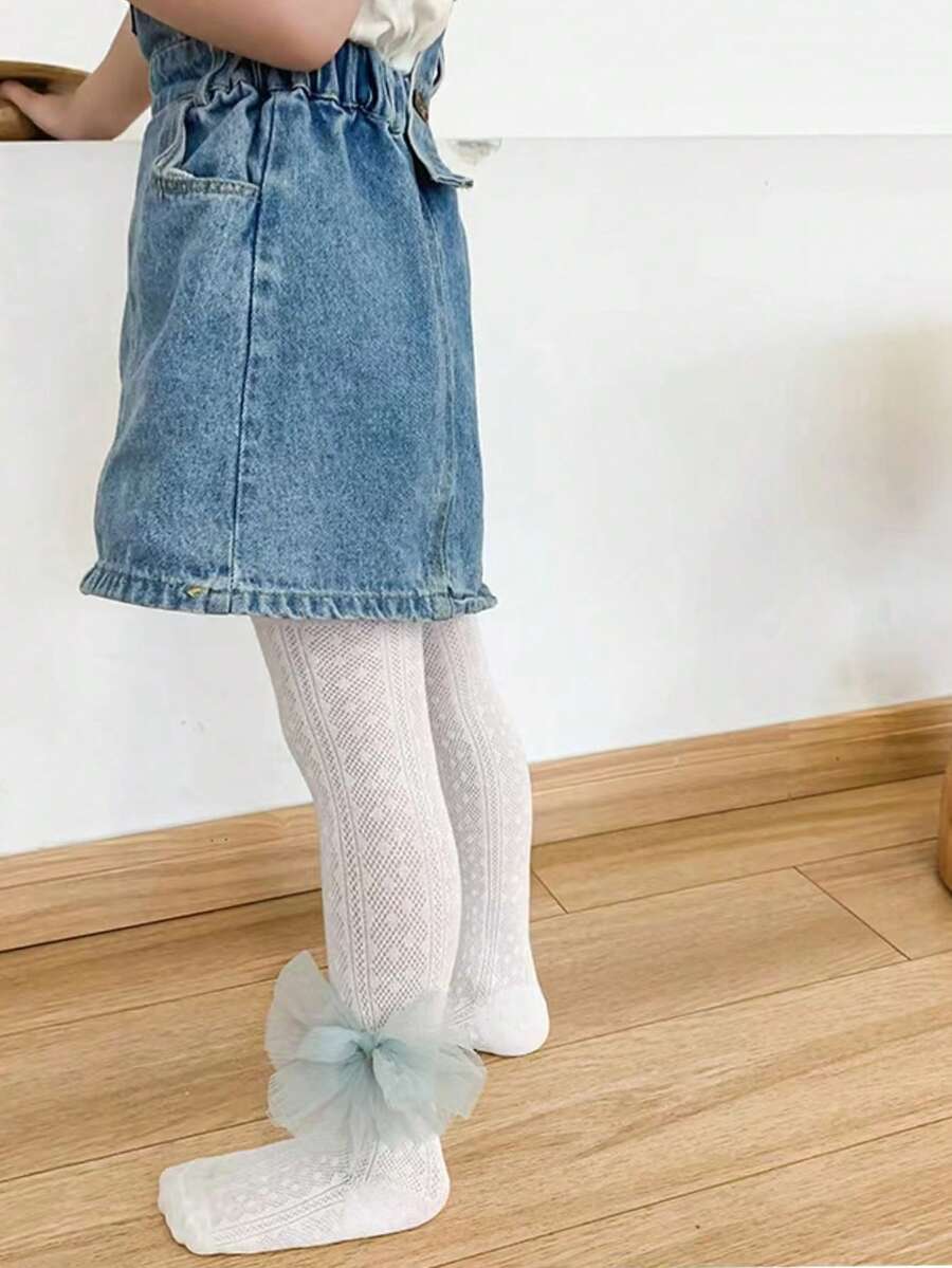 1入幼兒女童春秋新款純色蕾絲蝴蝶結針織網襪,可愛且適合日常穿著 - 白色 - 查看 1