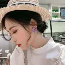 1對可愛迷人的紫色花朵耳針,韓國風格,復古風格,香港風格,法式耳環,適用於約會或日常使用 - 紫色 - 查看 1