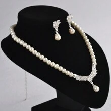 Cream Pearl & Crystal Rhinestone Inlaid Wedding Necklace And Earrings Set - Silver - View 2