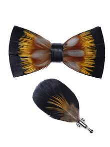 New Handmade Feather Bow Tie Set For Men's Wedding, Groom, Groomsman, Host, Party, Business (With Gift Box & Brooch) - Multicolor - View 3