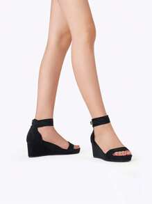 Women Black Open Toe Buckle Ankle Strap Summer Platform  Valentine's Day  Wedge Sandals - màu đen - Xem 4