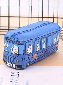 1pc Creative Bus Shaped Pen Holder Pencil Case For Students - Blue - View 1