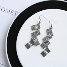 1對時尚多變的復古美元女式垂墜耳環,嘻哈風格打印長流蘇吊墜 - 復古銀色 - 查看 2