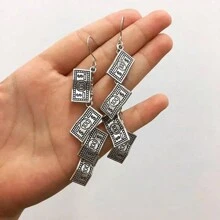 1對時尚多變的復古美元女式垂墜耳環,嘻哈風格打印長流蘇吊墜 - 復古銀色 - 查看 10