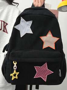 女用背包套裝,適合小女孩和學生,燈芯絨布料,星星裝飾,大容量單肩包,適合中學生和高中生,學院,休閒背包 - 黑色 - 查看 3