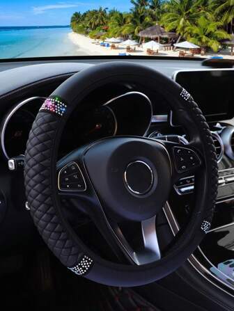 1 Pieza Cubierta De Volante De Coche Bordado Con Diamantes De Imitación En Color, Adecuada Para Volantes De 14,5-15 Pulgadas. Accesorio Para Automóvil