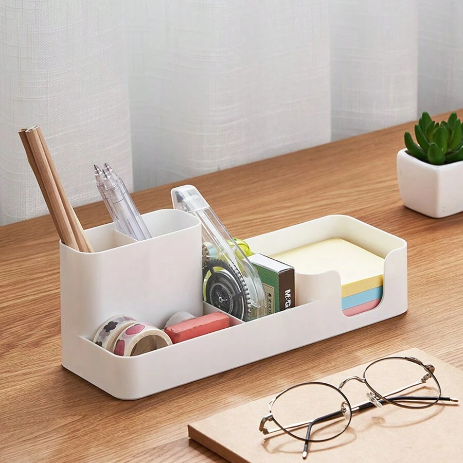 創意多功能塑料桌上用品收納盒,兼具網格提供文具、便條紙收納功能,適用於宿舍使用 - 白色 - 查看 1