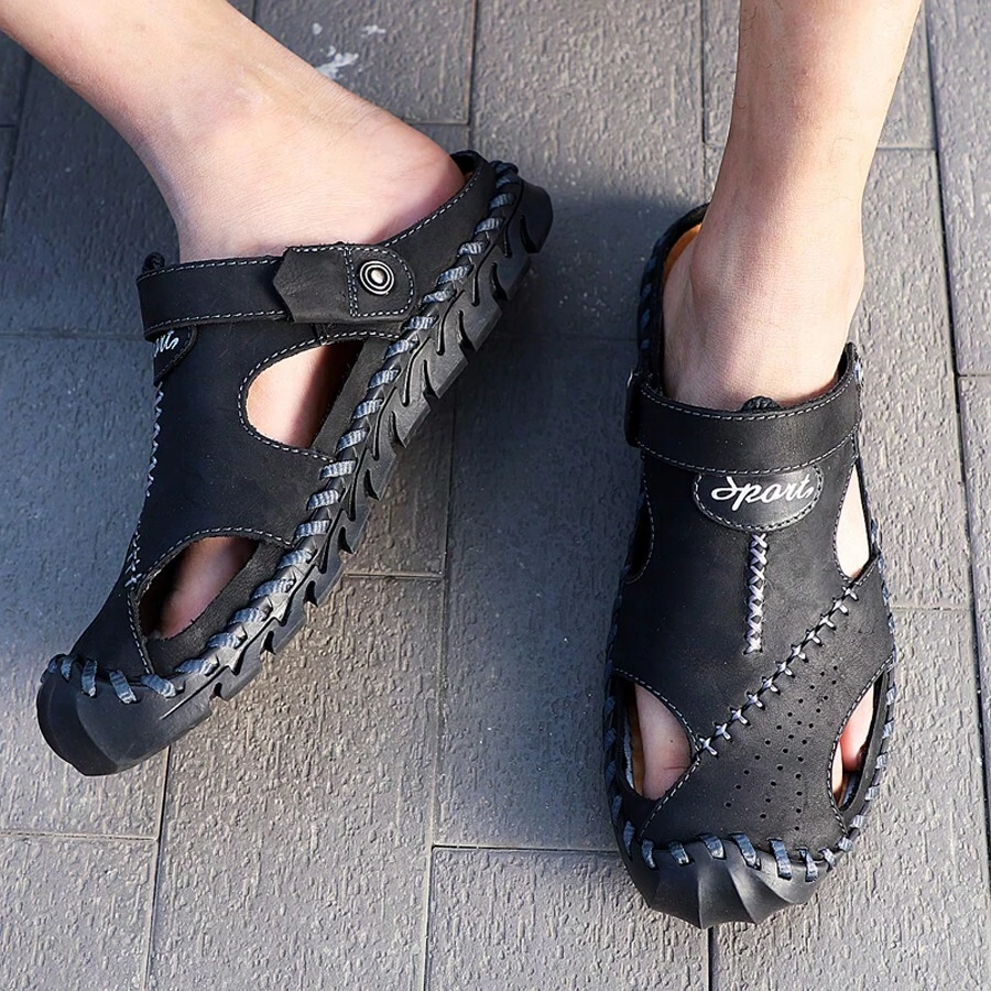 Nam Kích thước lớn Da thật Dép xăng đan , Bãi biển mùa hè Giải trí Dép đi trong nhà , Nam Giày dép - màu đen - Xem 1