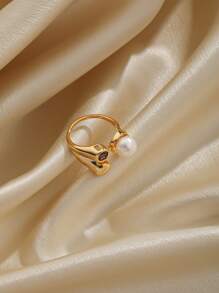 1件時尚精致奢華風格的氧化銅鍍18k金開口戒指,鑲有珍珠、立方氧化鋯和天然石頭,適合女士在派對和宴會等場合穿戴 - 開口戒指 - 查看 3