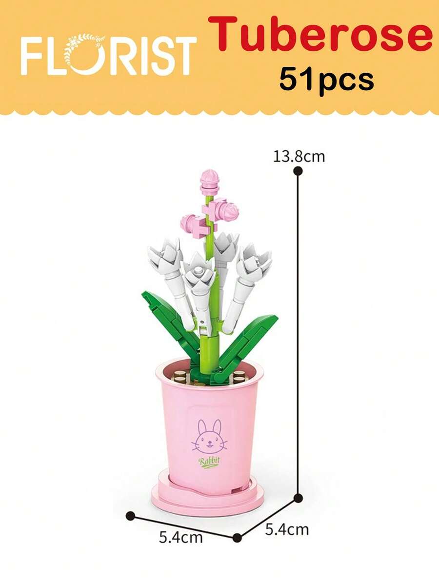 51pcs Tuberose Flower Building Blocks Set For Kids, Diy Gift For Children - White - View 1