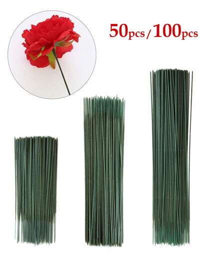 50 piezas/100 piezas Tallos de flores artificiales de 17 cm/25 cm/30 cm de color verde para manualidades florales, alambre para ramos de boda, manualidades DIY y decoración de arreglos florales, accesorios, Día de San Valentín, regalos de cumpleaños, graduación, plantas falsas