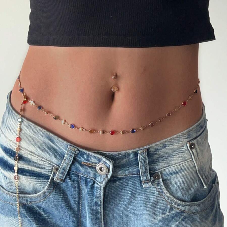 1pc Rose Gold Color Sexy Random Colored Glass Charm Waist Chain For