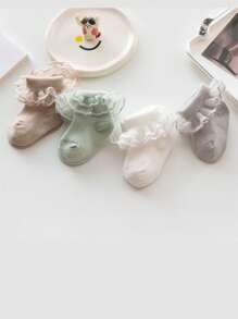 4pairs/Pack Children's Double Needle Comfortable Frilled Lace Cuff Ankle Socks, Loose Mouth For Newborn Baby Girls - Multicolor - View 5