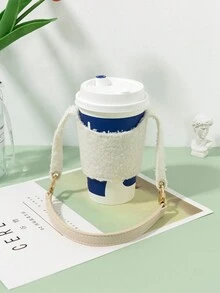 毛絨杯套白色冬季手持軟奶茶杯蓋飲料杯套 - 白色 - 查看 2