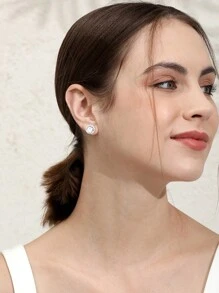 2入組時尚簡約風格cz裝飾圓形和立方體形耳釘,適合日常佩戴 - 白色 - 查看 4