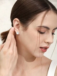 2入組時尚簡約風格cz裝飾圓形和立方體形耳釘,適合日常佩戴 - 白色 - 查看 5