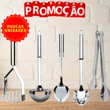 Jogo de Utensílios de Cozinha em Inox Premium  Colher de Arroz + Concha de Cozinha + Pegador de Salada + Pegador de Massas e Amassador de Batatas - Prata - Visão 9