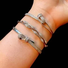 3pcs/Set Cubic Zirconia Paved Geometric Bangle, Minimalist & Versatile Bracelet With A Touch Of Luxury - Silver - View 4