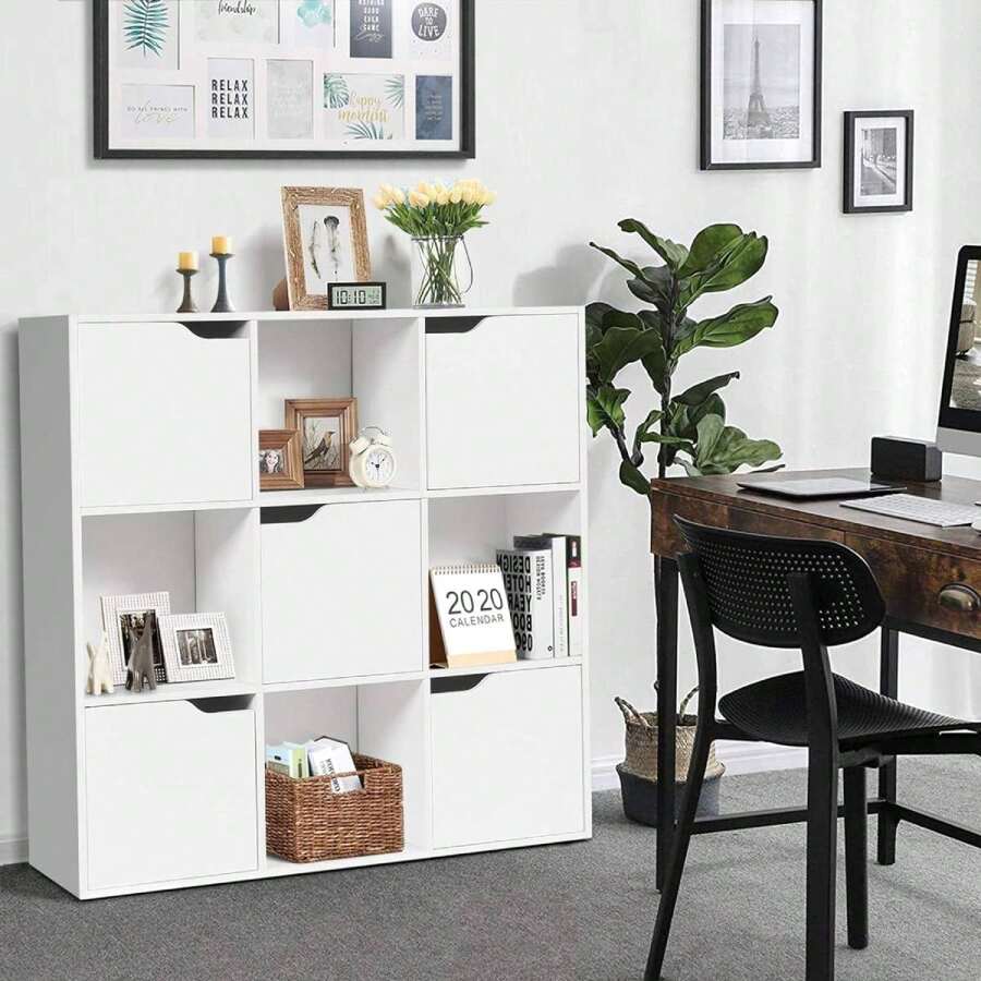 Bookcase, Bookcase With 9 Compartments And 5 Doors, Modern Office Shelf With Magnetic Closure, Wooden Shelf For Living Room, Study Room, Wardrobe, Storage Shelf Made Of Solid Wood - White - View 1