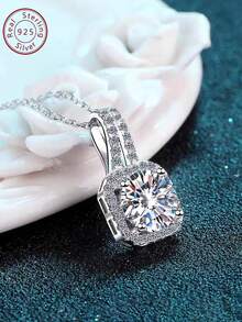 正品925銀莫桑比克鑽石女士項鍊,新設計方形鋯石吊墜,超級閃耀鎖骨鏈,獨特高端禮物 - 純銀莫桑石方鑽項鍊 - 查看 3