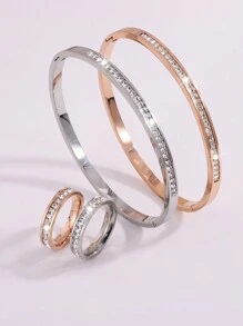 4 Pcs Of Light Luxury Design Advanced Simple Stainless Steel Single Row Drill Bracelet Ring Suitable For Holiday Gifts Friends