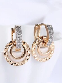 一對時尚嬉皮圓形設置鋯石幾何耳環耳扣女性小清新鑲嵌鋯石耳環 - 銀色 - 查看 2
