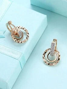 一對時尚嬉皮圓形設置鋯石幾何耳環耳扣女性小清新鑲嵌鋯石耳環 - 銀色 - 查看 3