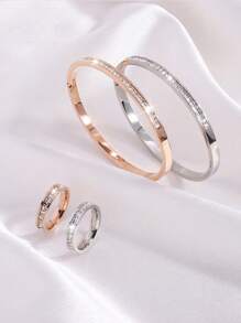 4 Pcs Of Light Luxury Design Advanced Simple Stainless Steel Single Row Drill Bracelet Ring Suitable For Holiday Gifts Friends