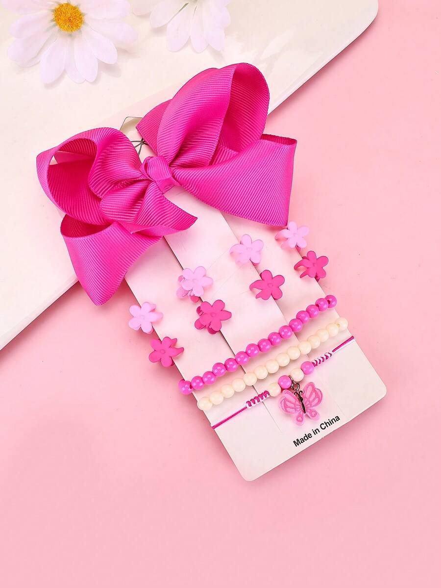 12入/pack紫色和紅色緞帶蝴蝶結髮夾+小花髮夾+手鐲珠寶套裝 - 彩色 - 查看 1