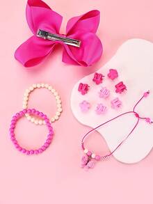 12入/pack紫色和紅色緞帶蝴蝶結髮夾+小花髮夾+手鐲珠寶套裝 - 彩色 - 查看 3