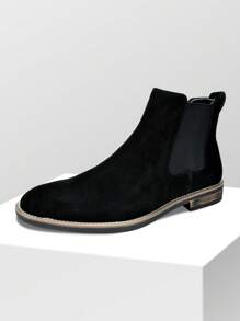 Men's Suede Leather Chelsea Boots Ankle Boots  Round Toe, Low Heel, Mid-Cut, All-Match Ankle Boots - 黑色 - 查看 9