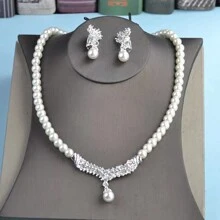 Cream Pearl & Crystal Rhinestone Inlaid Wedding Necklace And Earrings Set - Silver - View 4