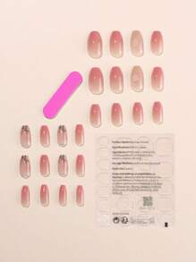 24pcs Short Coffin Shape Ins Sweet & Gentle French Ombre Gradient Pink Nails With Colorful Heart Decor, Including 1pc Nail File And 1pc Jelly Glue Press On Nails Nail Supplies - Multicolor - View 3