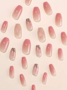 24pcs Short Coffin Shape Ins Sweet & Gentle French Ombre Gradient Pink Nails With Colorful Heart Decor, Including 1pc Nail File And 1pc Jelly Glue Press On Nails Nail Supplies - Multicolor - View 5