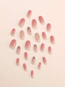 24pcs Short Coffin Shape Ins Sweet & Gentle French Ombre Gradient Pink Nails With Colorful Heart Decor, Including 1pc Nail File And 1pc Jelly Glue Press On Nails Nail Supplies - Multicolor - View 4