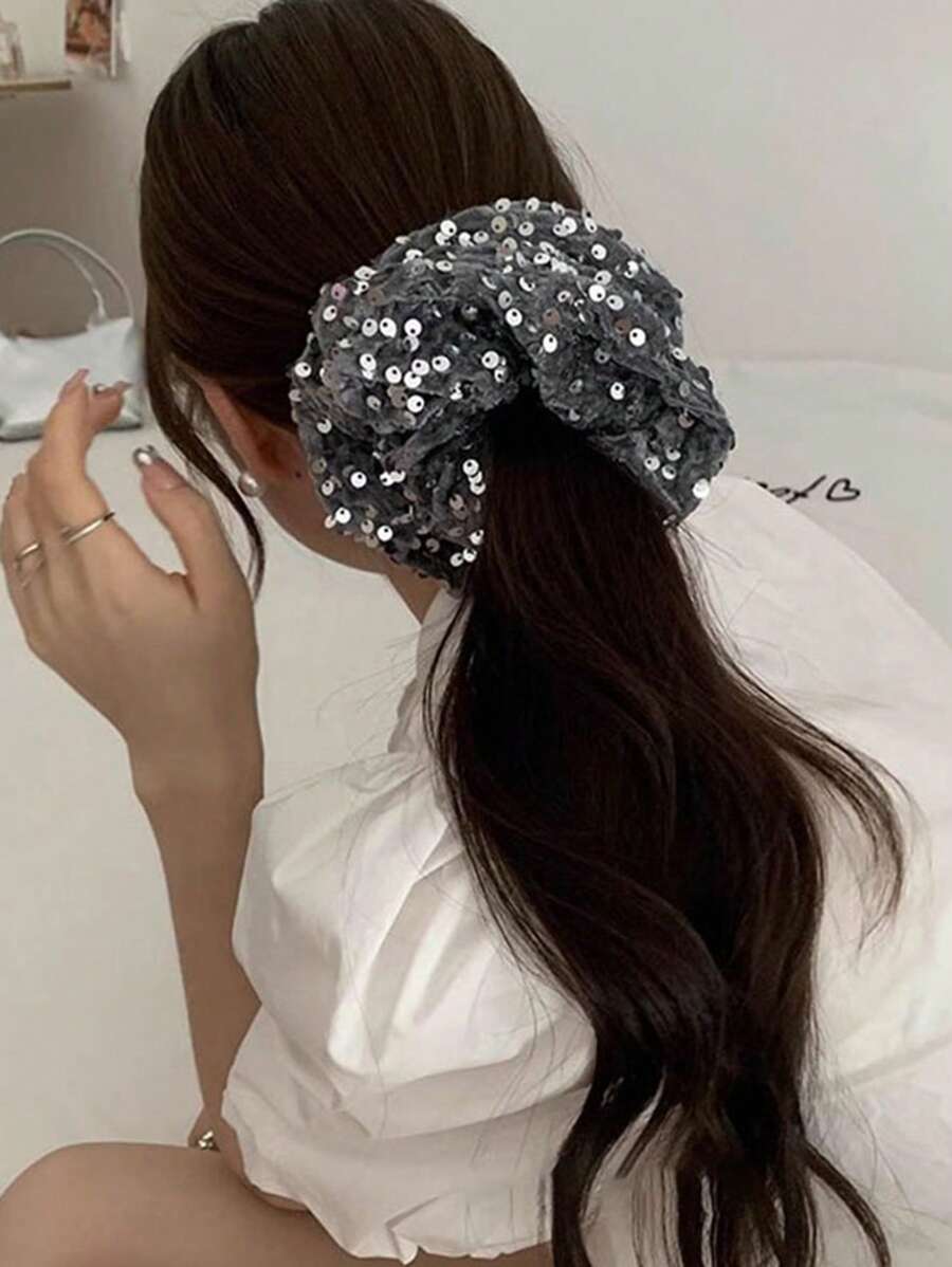 1pc Ladies Velvet Sequined Scrunchies Headdress High Elasticity Hair Tie Rope Head Rope Rubber Band Suitable For Daily Use - Silver - View 1