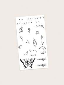 1張防水、耐汗、可清洗且無反光的臨時刺青貼紙,帶有小蝴蝶、英文字母、心形、花朵、新月、極簡主義圖案,適合潮人和日常生活使用