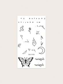 1張防水、耐汗、可清洗且無反光的臨時刺青貼紙,帶有小蝴蝶、英文字母、心形、花朵、新月、極簡主義圖案,適合潮人和日常生活使用