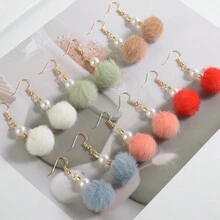1pair Pearl & Furry Ball Design Cute & Sweet Earrings, Perfect Valentine's Gift For Female Friends - Hairball - View 4