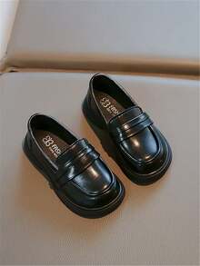 女童学院风皮革休闲鞋，一脚蹬设计，软底 - 黑色 - 查看 2