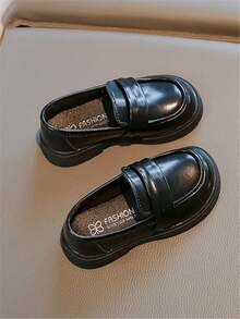 女童学院风皮革休闲鞋，一脚蹬设计，软底 - 黑色 - 查看 5