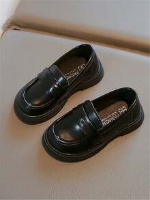 女童学院风皮革休闲鞋，一脚蹬设计，软底 - 黑色 - 查看 3