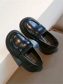 女童学院风皮革休闲鞋，一脚蹬设计，软底 - 黑色 - 查看 6