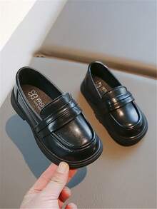 女童学院风皮革休闲鞋，一脚蹬设计，软底 - 黑色 - 查看 4