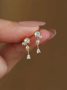 CHOSHILAR 1pair Cubic Zirconia & Dangle Waterdrop Shaped Pendant Earrings For Women. Retro Elegant All-Match Design. Can Be Worn In Any Season. - Yellow Gold - View 4