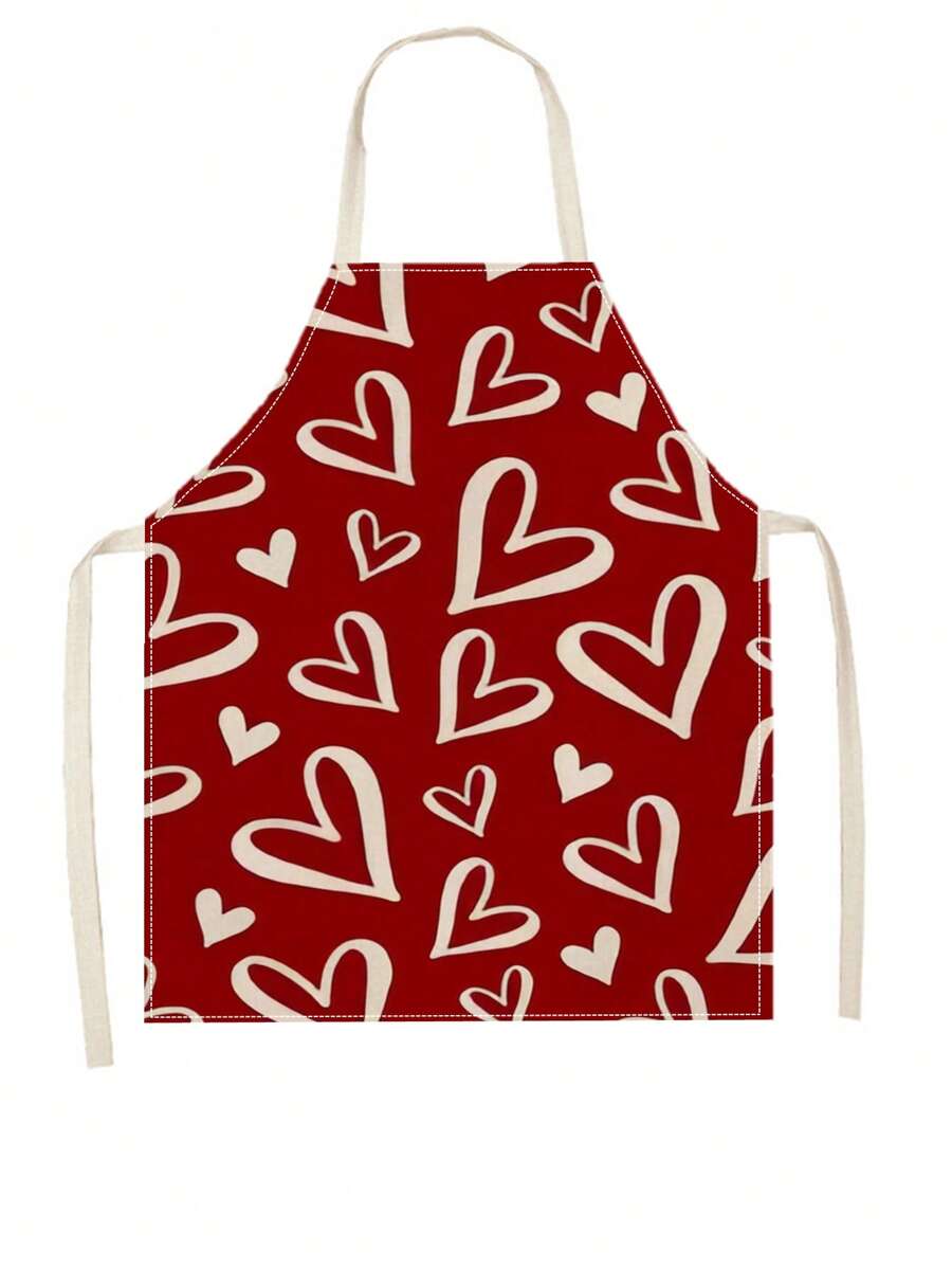 1pc Linen Apron With Heart Pattern - Purple - View 1