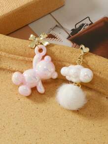 1 Pair Cute Pink Bear & Cloud Pom Pom Asymmetric Earrings, Butterfly Teddy Bear Earrings For Women, Valentine's Day Jewelry Gift Valentines - Baby Pink - View 4