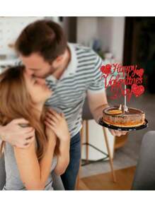 5pcs Red Glitter Valentine'S Day Cake Topper With Heart Shaped Stick, Selected Decorations For Valentine'S Day Themed Party Cake Decor Supplies - Red - View 3