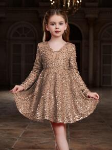 Tween Girls' V-Neck Backless Sequined A-Line Knee Length Party Dress - Khaki - View 1